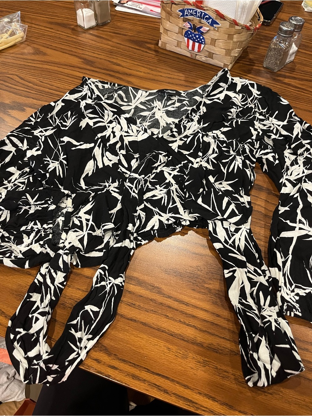 Express Black & White Floral Wrap Crop Blouse
